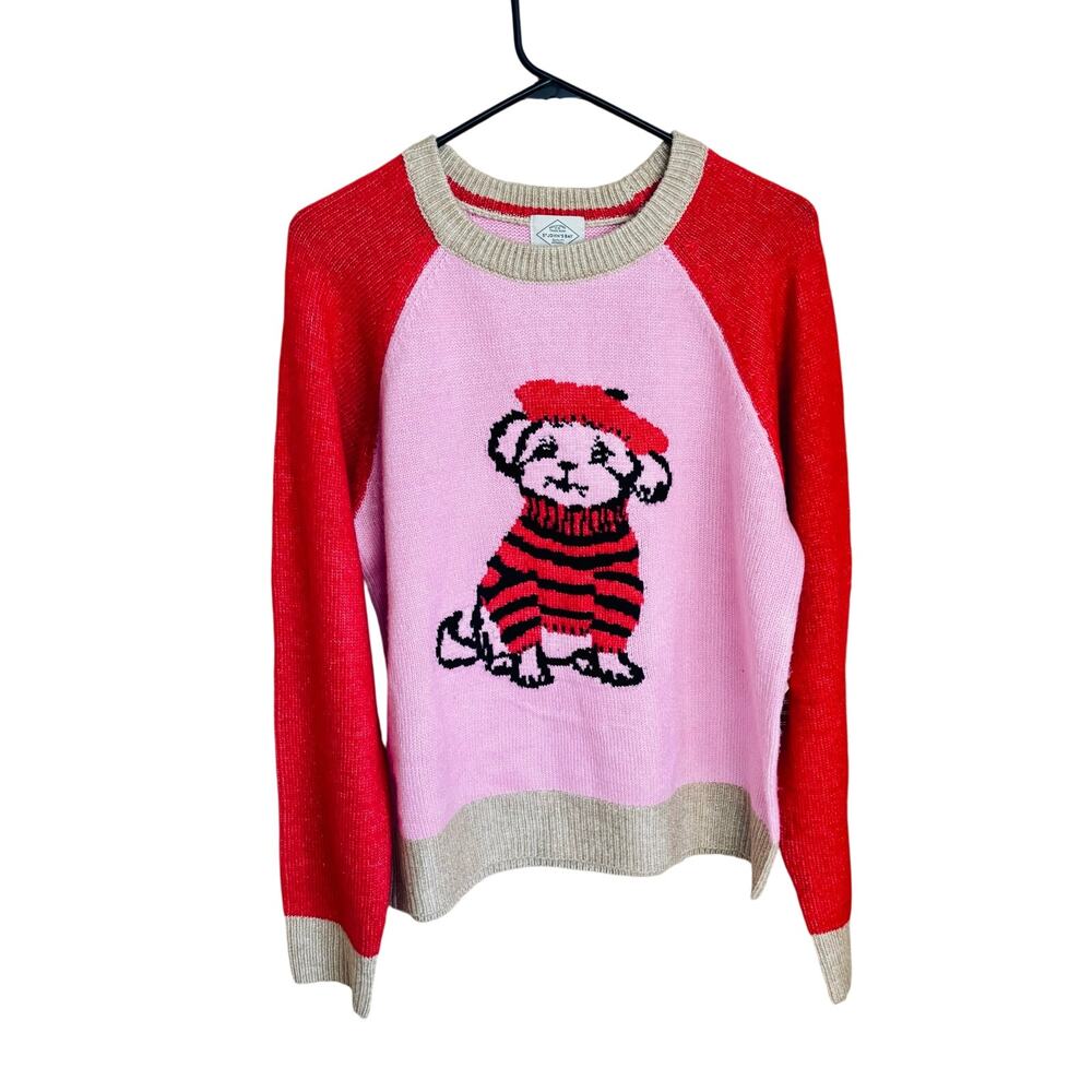 St John's Bay pink & red crewneck crop sweater Intarsia knit Dog French Beret Lg